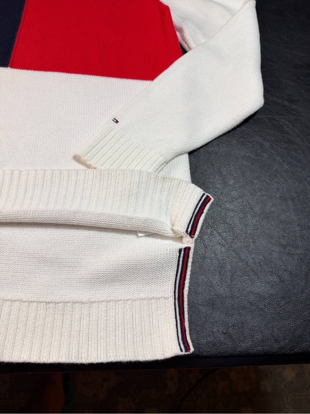 Tommy Hilfiger White Crewneck Sweater with Red & Navy Block - Picture 5 of 13